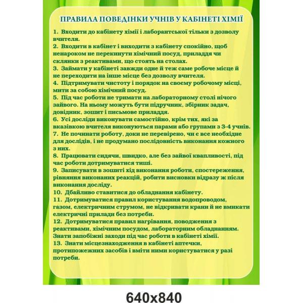 Стенд з хімії "Правила поведінки учнів у кабінеті хімії"